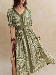 Écloséra V-Neck Print Color Block Bubble Short Sleeve Empire Waist Green Midi Dress, Casual Holiday Wear, Spring/Summer - Green - View 6