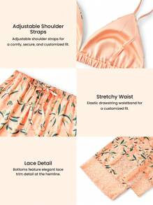 LUVLETTE 丝滑缎面蕾丝边橙色度假花卉图案性感吊带背心文胸上衣和裤子透气家居睡衣套装
