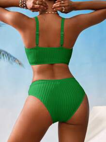 Swim Vcay Women V-Neck Textured Striped Tankini Swimsuit For Summer Beach Vacation - Green - View 2
