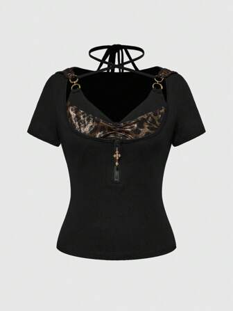 Goth Retro Y2K Baddie Metallischer Leoparden Kreuz Hoodie