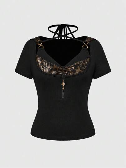 Goth Felpa con cappuccio retrò Y2K con stampa di leopardo e croce in metallo