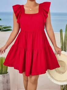 Flirla Plus Size Square Neck Elastic Cap Sleeve A-Line Frill Trim Dress - Red - View 1