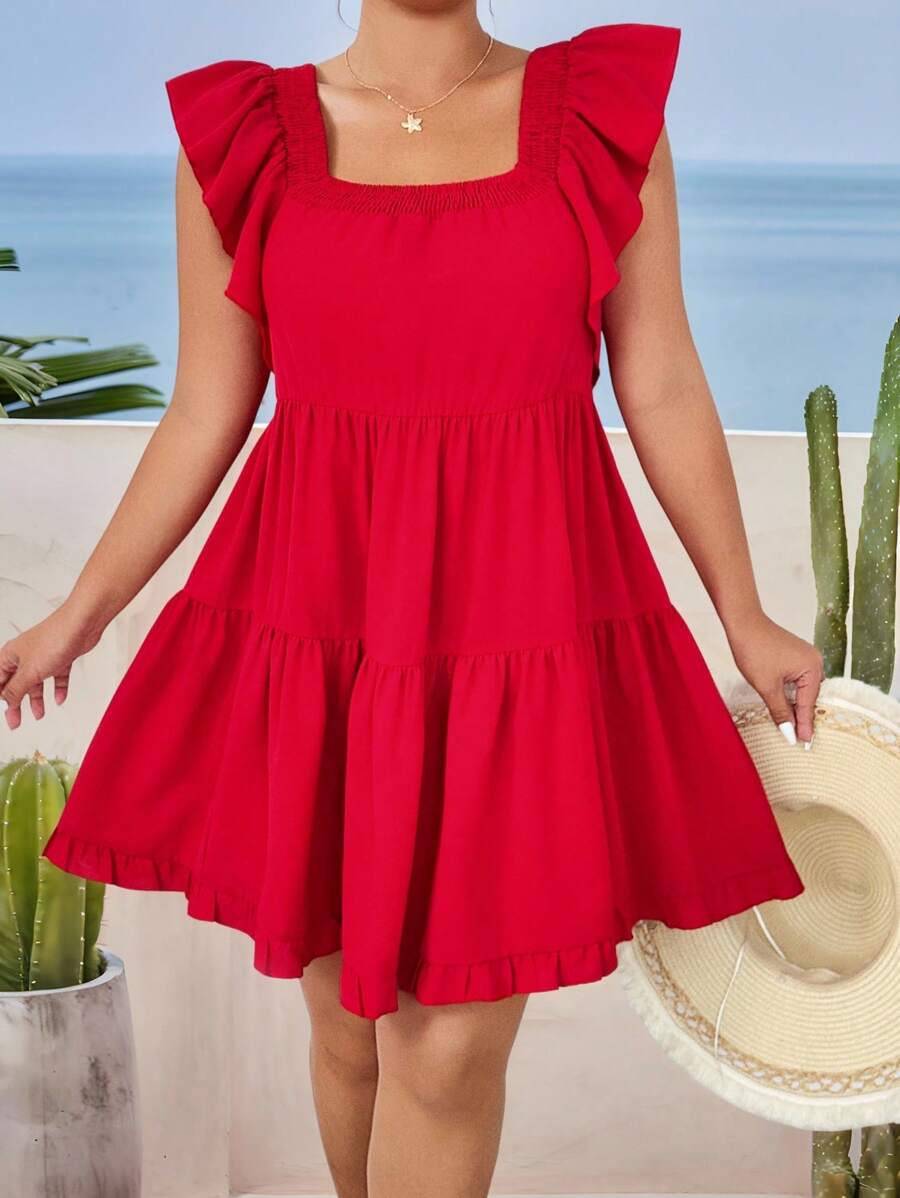 Flirla Plus Size Square Neck Elastic Cap Sleeve A-Line Frill Trim Dress - Red - View 1