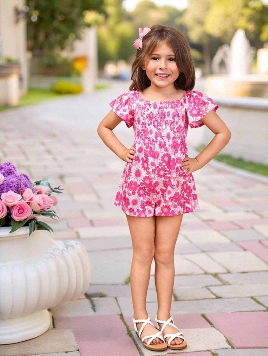 SHEIN Young Girl Cute Casual Round Neck Ruffle Sleeve Ruched Flower Pattern Jumpsuit - Hot Pink - View 1