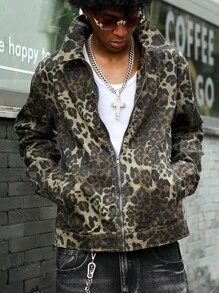 Manfinity EMRG Men Long Sleeve Leopard Print Zip Front Denim Jacket, Fall - Multicolor - View 2