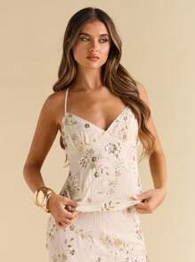 SHEIN BAE 纯色粉彩提花无袖吊带衫，度假风吊带背心，提花上衣，适合春夏穿着 - 杏色 - 查看 5