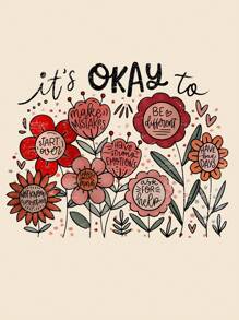 Women's Regular Ditsy Floral, Inspirational, Kindness, Mental Health Positive Quote Casual Homewear Crew Neck Short Sleeve Ditsy Floral & Alphabet Print T-Shirt, For Birthday - Apricot - View 3