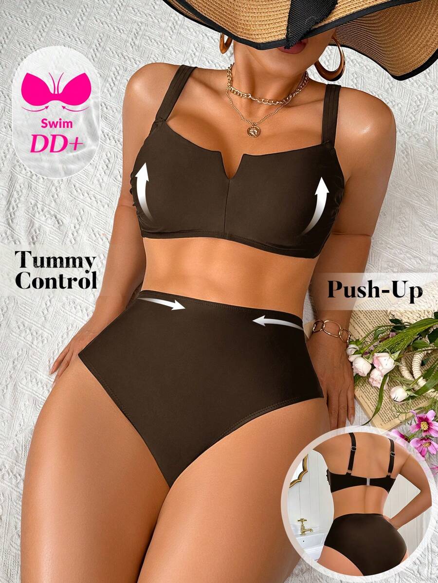 Swim DD+ 1 Set Women's Solid Color Spaghetti Strap Swimsuit With Triangle Swim Bottoms, Fashionable For Summer