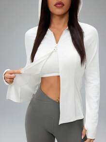 SHEIN PETITE Áo khoác trùm đầu nhẹ cổ khóa kéo màu trơn dành cho nữ, đồ thể thao - trắng - Xem 11