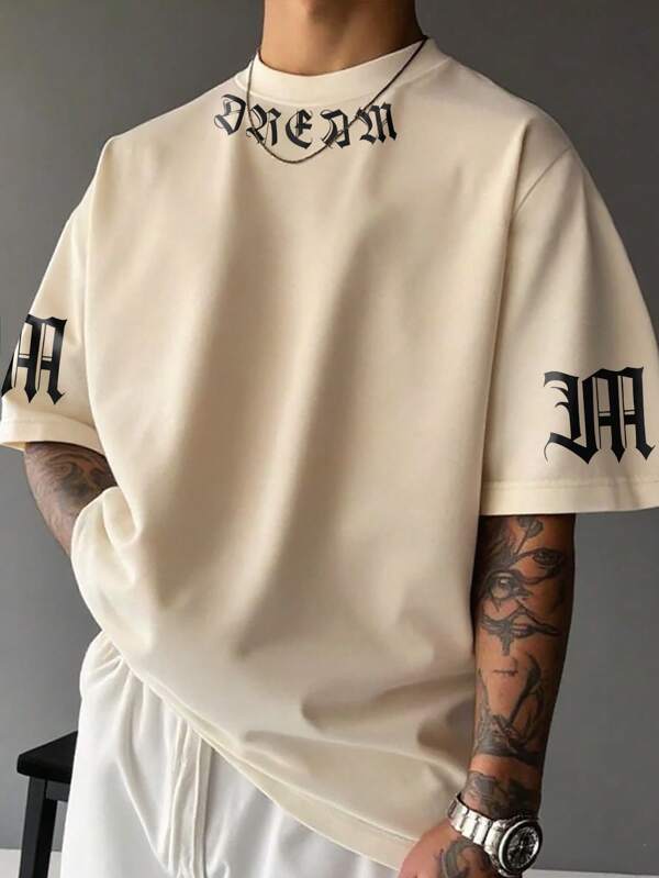 Manfinity EMRG Men's Drop Shoulder Round Neck Short Sleeve Casual Letter Print T-Shirt, Summer