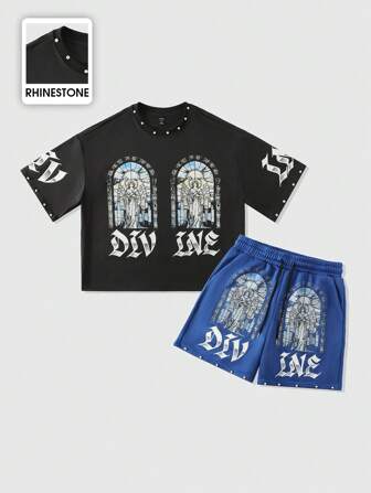 Street Life Conjunto de camisetas de hombre con estampado de diamantes, estilo corto suelto