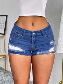 SHEIN Tall 女式破洞口袋紧身休闲百搭牛仔短裤 - 中等水洗藍 - 查看 6