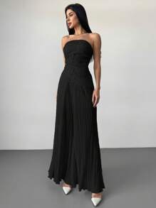 Firerie Damen elegantes Zweiteiler mit strukturierter Metallic-Optik, bestehend aus Bandeau-Top mit Rüschensaum und hochtaillierter, weit geschnittener Bundfalten-Hose, geeignet für Urlaub, Alltag, Musikfestivals - Schwarz - Übersicht 5