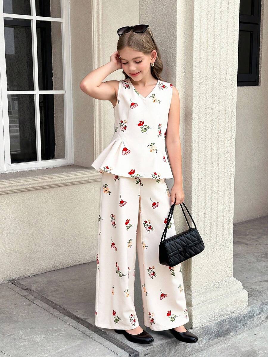 SHEIN 女童花卉印花无袖 A 字形衬衫和阔腿裤两件套优雅套装 - 杏色 - 查看 1