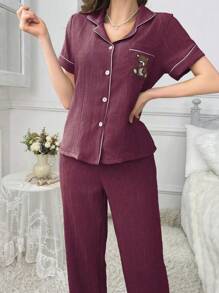 SHEIN Women's Embroidered Bear Pocket Contrast Trim Short Sleeve Top And Pants Pajama Set - Redwood - View 4