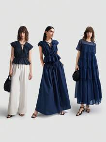 Ontre Conjunto de 2 piezas de camisa con nudo y minifalda de unicolor casual para mujer, Otoño/Invierno 2025