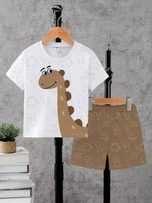 SHEIN Playful Pals 1 Set Toddler Boys' Cartoon Dinosaur Print T-Shirt And Matching Brown Shorts, Cute Outfits For Everyday Wear, Suitable For Spring And Summer