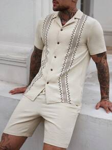 Manfinity CasualCool Conjunto de camisa de manga corta con estampado de verano + pantalones cortos con cordón para hombre