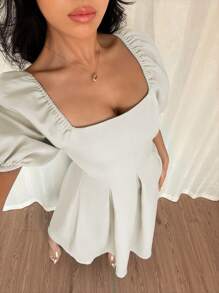 Elenzga 女式法式优雅简约通勤/办公室/商务休闲度假下午茶派对纯色方领荷叶边下摆 A 字泡泡袖短袖连衣裙，春夏