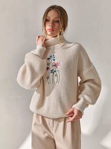 CLARA VERO Women Solid Color Turtleneck Flower Embroidery Drop Shoulder Chunky Pullover Turtleneck Sweater Women Floral Embroidered Sweater Knit Sweater Women's Winter Sweaters Balloon Sleeve Sweater,Jumper,Cream Jumper,Jumpers,Christmas Jumper,White Jumper,Black Jumper,Ladies Jumper,Women's Jumpers - Beige - View 4