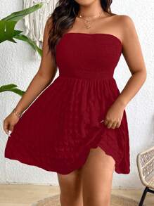 SHEIN Clasi Plus Size Women's Red Textured Strapless Mini A-Line Beach Dress, Summer Holiday Outfit - Burgundy - View 1