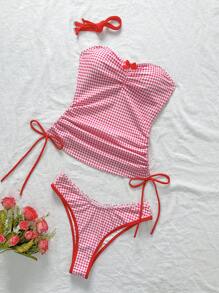 Swim Mod Women's Summer Plaid Random Print Spaghetti Strap Ruched Drawstring Bow-Knot High Cut Bikini Set - Multicolor - View 4