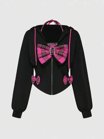Kawaii Women's Y2K Retro Harajuku Girly Subculture Plaid Bow Accent Decorative Integrated Cinched Waist Sweatshirt