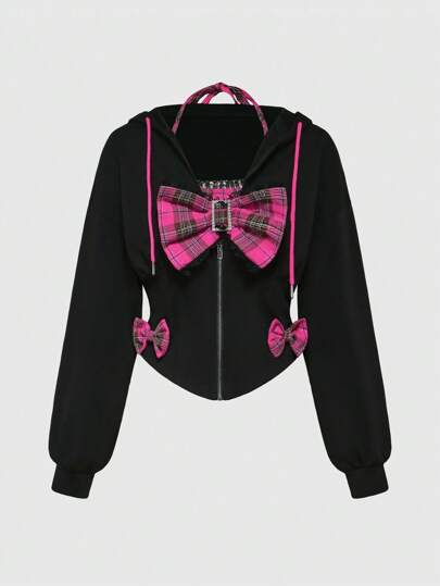 Kawaii Women's Y2K Retro Harajuku Girly Subculture Plaid Bow Accent Decorative Integrated Cinched Waist Sweatshirt