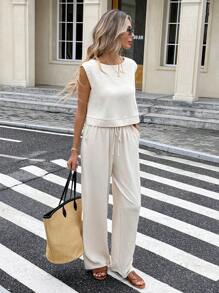 Serisse Women's French Summer Solid Color Butter Yellow Linen 2pcs Women Solid Color Sleeveless Crew Neck Linen Back Button Top And Pants Set,Linen Sleeveless 2-Piece Pants Set Fashionable For Summer Office Commuting Set,Summer Sets,For Daily Wear,French Holiday Outfits Summer Sets 4th Of July Graduation Outfit Holiday Outfits Western Wear Women Teacher Outfits For Women Vacation Two Pieces Set Casual Resort - Apricot - View 5