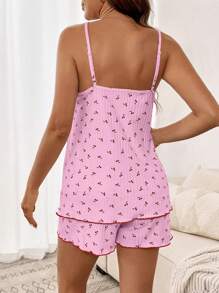 SHEIN 2pcs/Set Maternity Summer Casual Cherry Print Camisole And Shorts Set - Pink - View 2