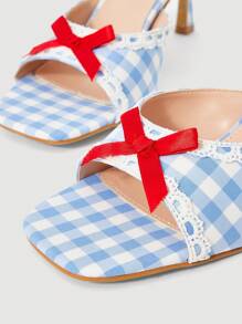 SheIn MOD 2025年夏季新款时尚可爱蝴蝶结别致蓝色格纹露趾细高跟凉鞋女