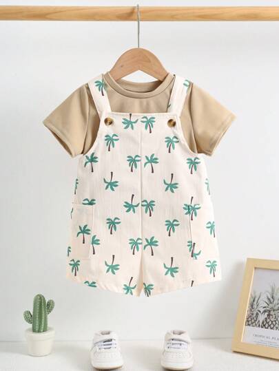 SHEIN Newborn Baby Boy Cute Coconut Tree Printed Summer Casual Romper, Without Inner Lining Baby Summer Clothes Gender Neutral Baby Clothes Baby Palm Tree Outfit Baby Beach Wear Toddler Summer Outfit