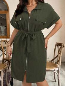 SHEIN LUNE 加大码纯色拉链系带蝙蝠袖夏季长款连衣裙女装