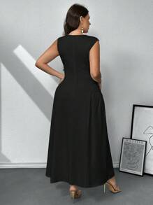 Firerie Plus Size Elegant Comfortable Casual Minimalist Round Neck Cinched Waist A-Line Irregular Ruched Hem Long Dress, White, Sleeveless,Wedding Guest Dress Women
