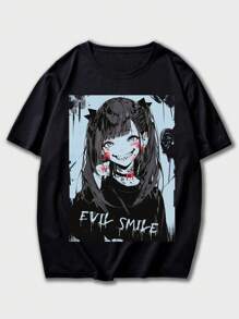 ROMWE MEN Anime Men Japanese Letter & Figure Graphic Tee, School, Emo