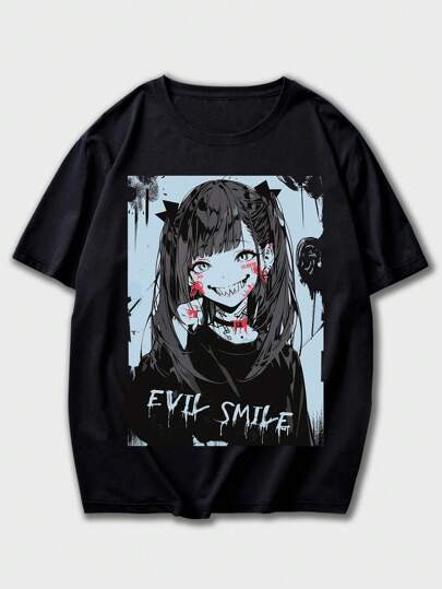 ROMWE MEN Anime Men Japanese Letter & Figure Graphic Tee, School, Emo