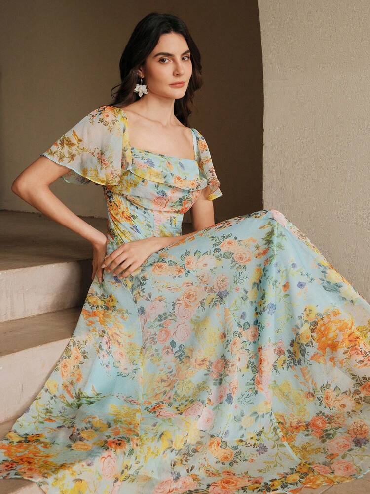 Floral Elegant Easter Vacation Brunch Outfit Women's Printed Flowy Floral Dress, Elegant Casual Tea Dress