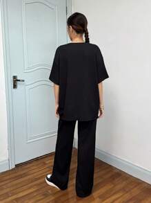 SHEIN Teen Girls Loose Casual Simple Comfortable Round Neck Short Sleeve Solid T-Shirt And Pants Set