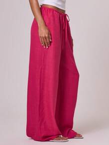 MUSERA Tie Front Linen Feel Beach Trousers Summer, Holiday, Beachwear Fall, Autumn, Winter, Back To School - Hot Pink - View 4