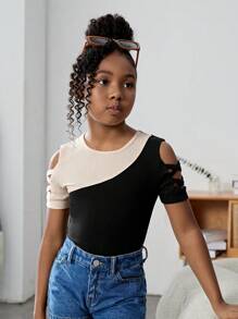 SHEIN Áo thun tay lỡ đan màu tương phản cho bé gái tuổi mới lớn - Nhiều màu - Xem 6