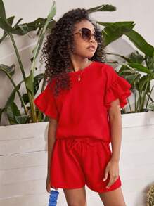 SHEIN Tween Girl Ruffle Trim Flounce Sleeve Top & Shorts - Red - View 4
