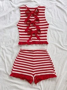 Soleia Bộ 2 món/Bộ trang phục đi nghỉ cho nữ: Áo len cardigan ngắn thắt nơ kẻ sọc đỏ trắng tương phản màu và quần short bó, thích hợp cho tiệc tùng, hẹn hò ngày lễ tình nhân, bãi biển, du ngoạn, lễ hội hóa trang, lễ Phục sinh - Đỏ và trắng - Xem 5