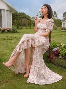 Modelyn 女士花卉印花甜心领泡泡袖优雅连衣裙 - 淡紫色 - 查看 6
