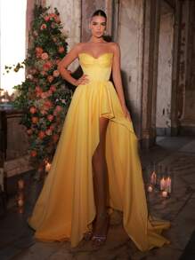 Glamrae Elegante e lussuoso abito da sera lungofatto di raso con arricciature e balze, senza spalline, con spacco, adatto per matrimoni, eventi, feste, vacanze, balli, occasioni formali (design robusto), abito da festa, vestito da sera, per eventi, invitati di matrimonio