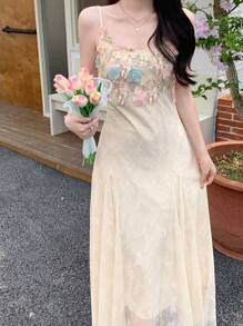 DAZY Women's Korean Style Summer Heavy Floral Decor Romantic Garden Lace Midi Dress
