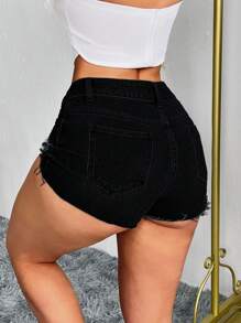 SHEIN Tall 女式口袋破洞紧身休闲牛仔短裤，百搭 - 黑色 - 查看 3