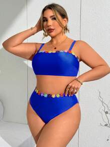 Slaydiva 大码女式多色拼接细肩带上衣，可拆卸肩带，彩色花卉装饰比基尼套装 + 高腰彩色花卉装饰泳裤 - 寶藍色 - 查看 3