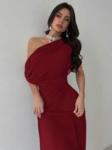 Firerie Vestido casual largo de punto con hombro asimétrico, manga corta, fruncido en la cintura y color rojo, elegante y generoso para mujer en verano