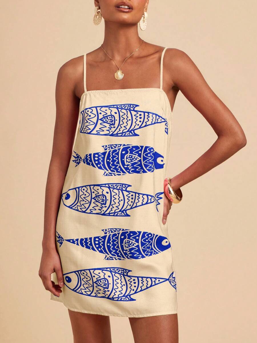 Travachic 春夏度假女士无袖印花雪纺迷你连衣裙 - 藍色 - 查看 1