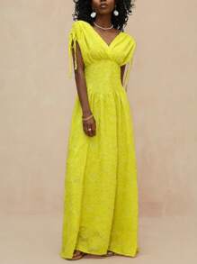 Vesra 女式V领雪纺镂空蝙蝠袖束腰长裙